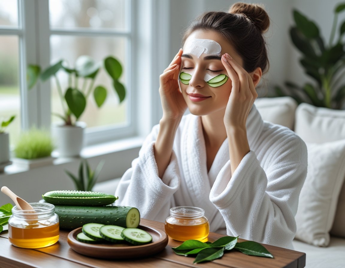 A woman applying a natural remedy around her eyes with cucumber slices and other natural ingredients on a table in a bright home setting.